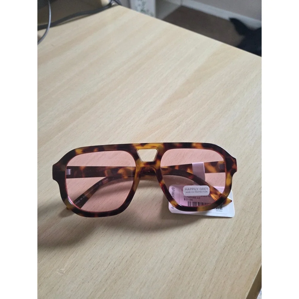 Happily Grey Tortoise Shell Aviator Sunglasses Pink Tinted Lens Retro Oversized